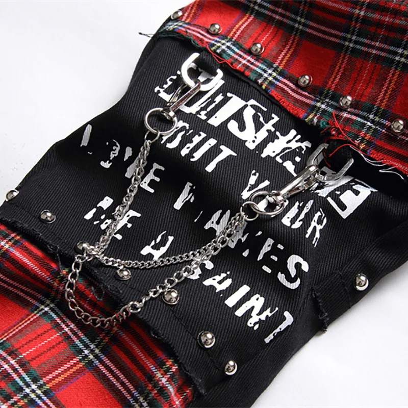 Men\'s Scotland Red Plaid Tartan Patchwork Jeans Punk Rivet Patch Black Denim Pants Skull Letters Printed Slim Straight Trousers