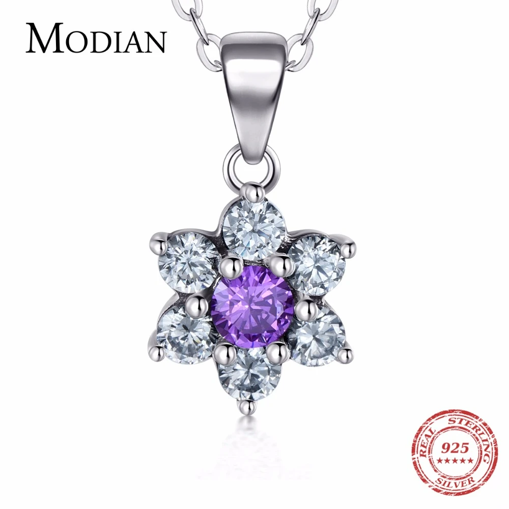 

Modian 100% Real 925 Sterling Silver Flowers Pendant Fashion Purple Crystal CZ Simple Necklace For Women engagement Jewelry