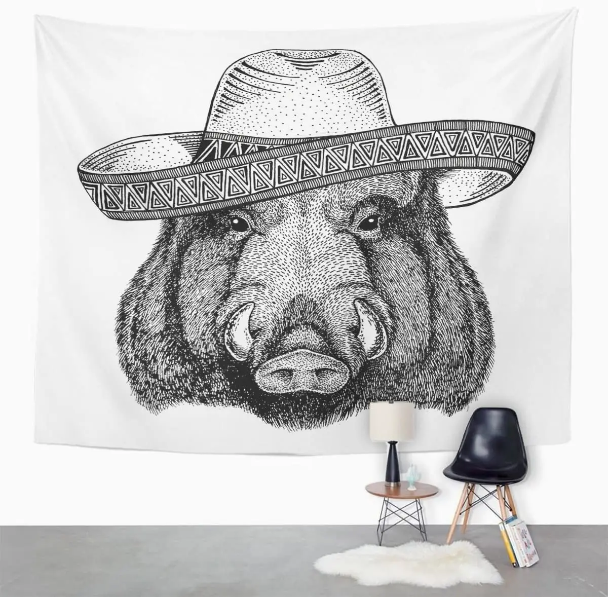 Badge APER Boar Hog Wild Animal Wearing Sombrero Mexico Fiesta Mexican Party West Character Drawing Tapestry Wall Hanging