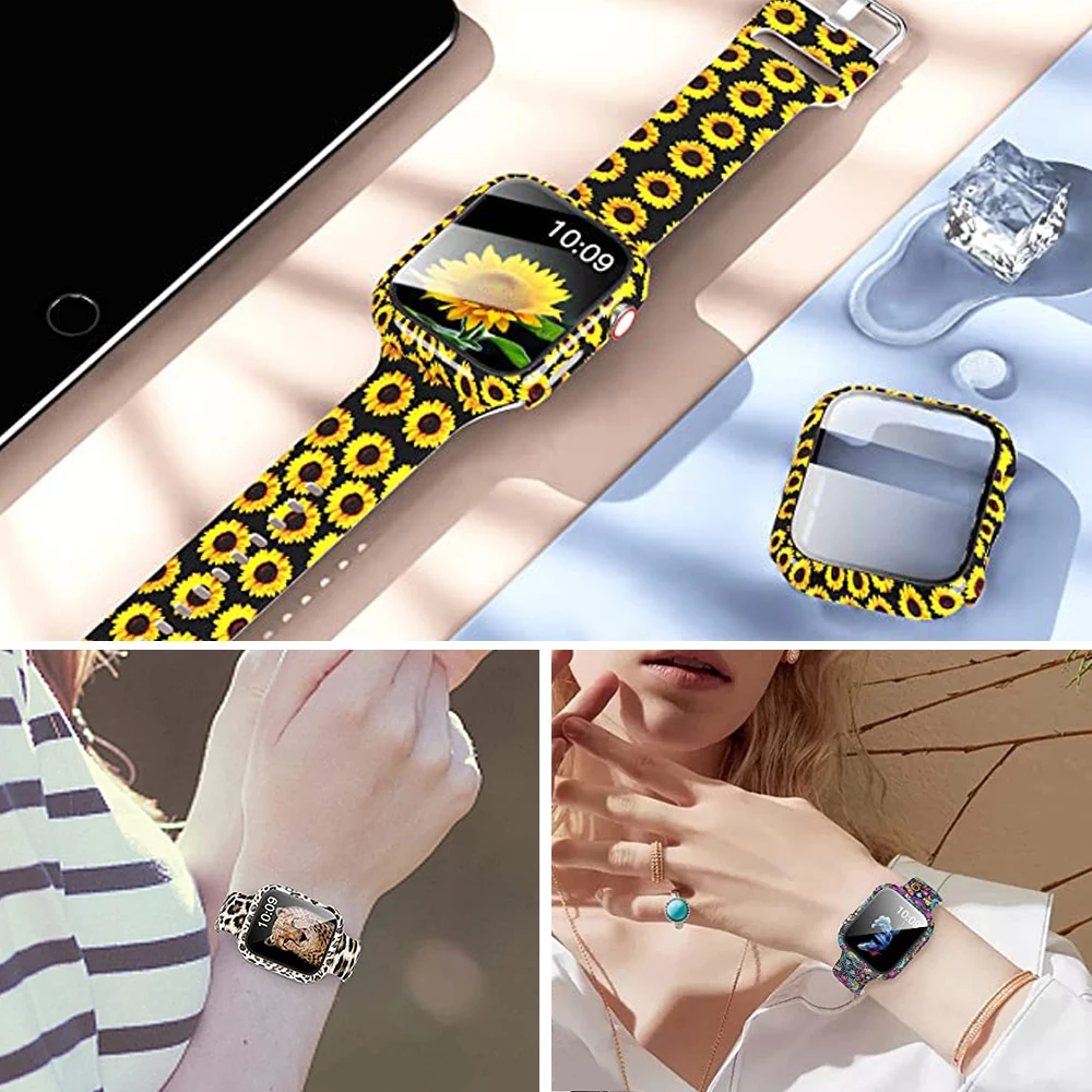 Case+Bands for Apple Watch Band 44mm 40mm 42mm 38mm with Screen Protector Cover, Glass+Silicon Wristband Strap for iwatch 654321