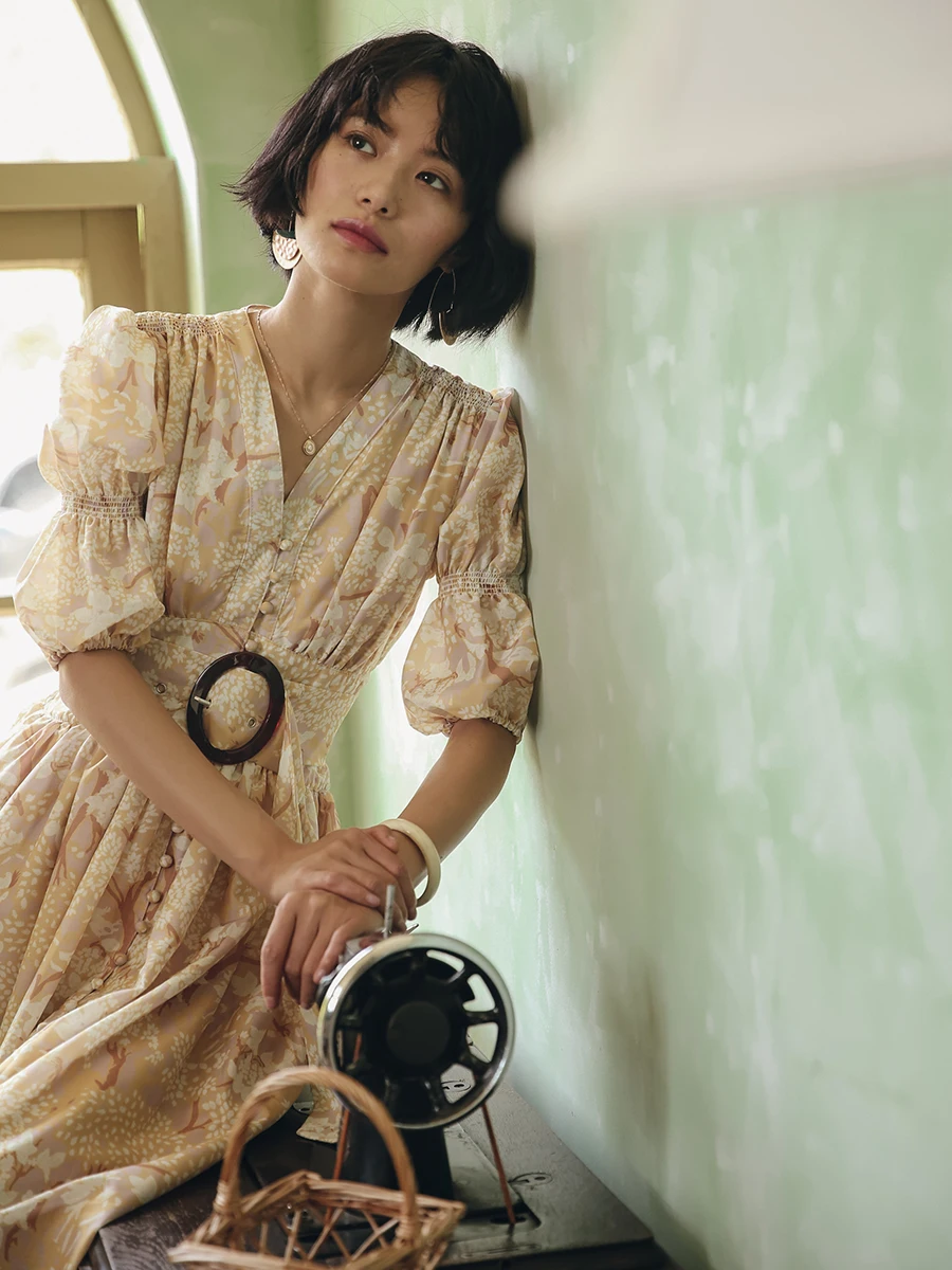 

Women 2020 Summer Bohemian Beach Casual Floral Yellow Chiffon Maxi Ladies Vintage Retro Elegant Loose Vacation Long Dress
