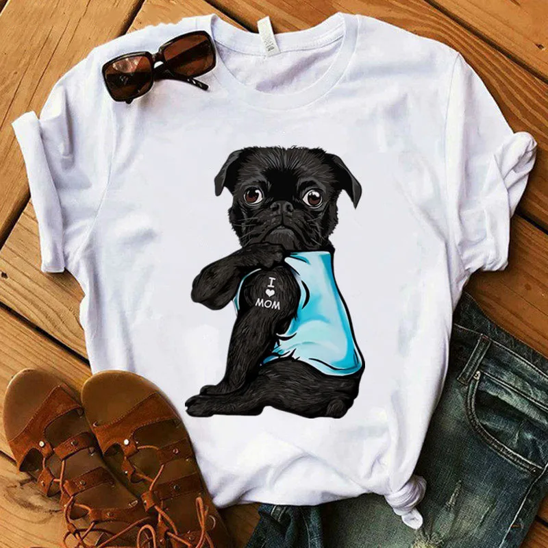 Camiseta divertida con estampado de Pug I Love Mom para mujer, tops blancos informales, camiseta de perro harajuku, Camiseta estampada de manga