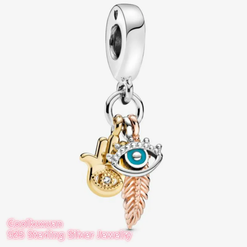 

100% Original 925 Sterling Silver Hamsa, All-seeing Eye & Feather Spirituality Dangle Charm beads Fits bracelets Jewelry