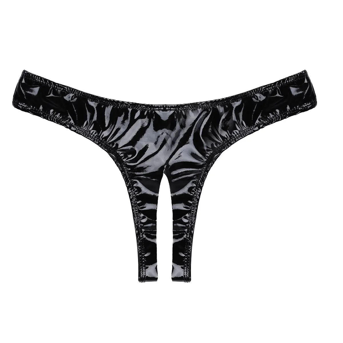 iEFiEL Fashion Black Women Female Lingerie Wet Look Patent Leather Open Crotch High Cut Mini Briefs Underwear Culbwear Briefs