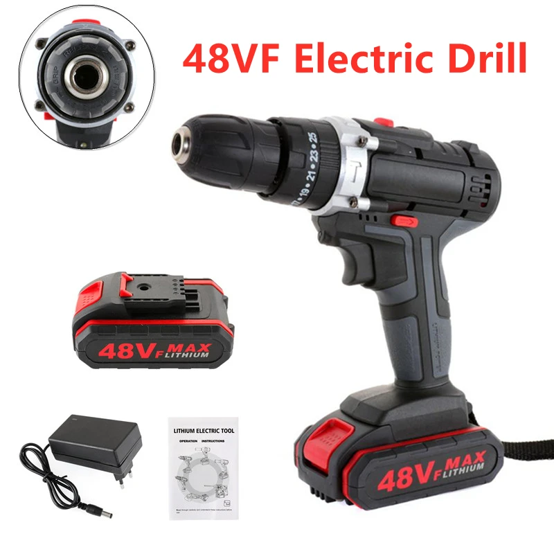 48VF Electric Drill Impact Drill Cordless Screwdriver Lithium Battery Wrench Drill Rechargeable Household Power Tool with Charge