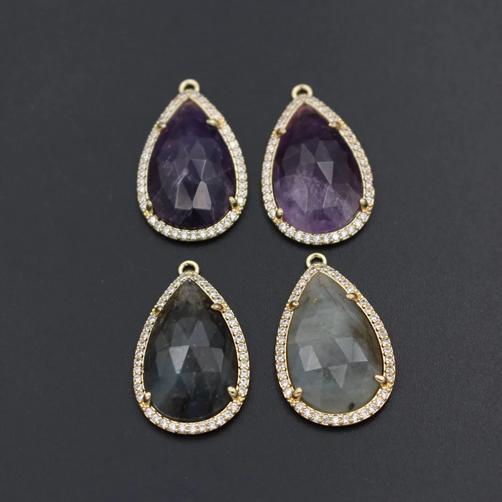 10pcs Faceted Natural Stone Water Drops Pendants Labradorite Amethyst Stone CZ Paved Charms For DIY Handcrafts Earrings Jewelry