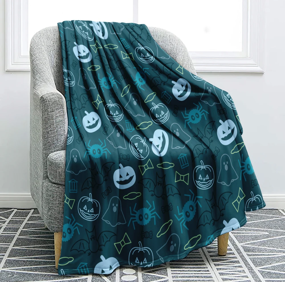 Halloween Blanket Pumpki Hat Throw Blanket Skull Cartoon Sherpa Flannel Blanket Purple Blue Halloween Soft Cozy Plush Blanket