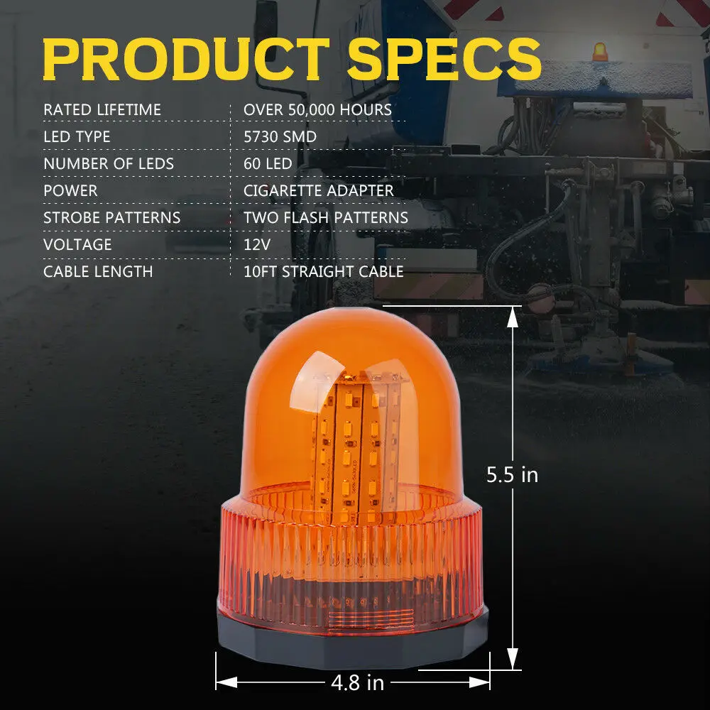 Car 12V 60 LED Rotating Strobe Light Amber/Yellow Forklift Rooftop Safety Warning Magnetic Mount lamp