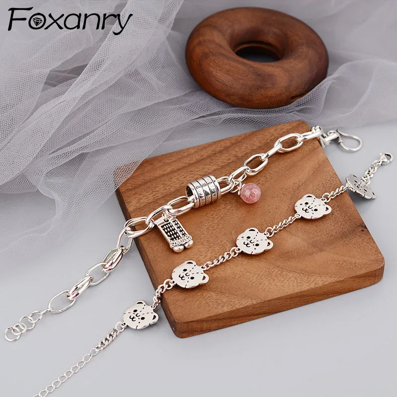 FOXANRY Silver Color Little Bear Bracelets Girl Accessories INS Fashion Creative Pink Pendant Abacus Design Party Jewelry