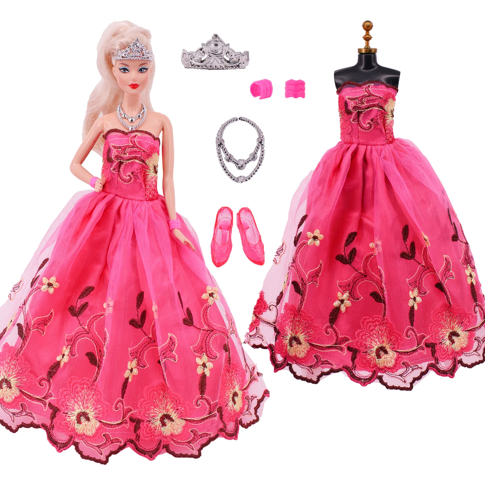 Vêtements et accessoires pour BarbieesBJD, robe de princesse rose rouge beurre, robe en tulle brodée, belle robe de soirée de banquet