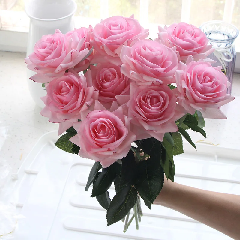 7 Pcs Real Touch Branch Stem Latex Rose Hand Feel Felt Simulation Decorative Artificial Silicone Rose Flowers Home Wedding