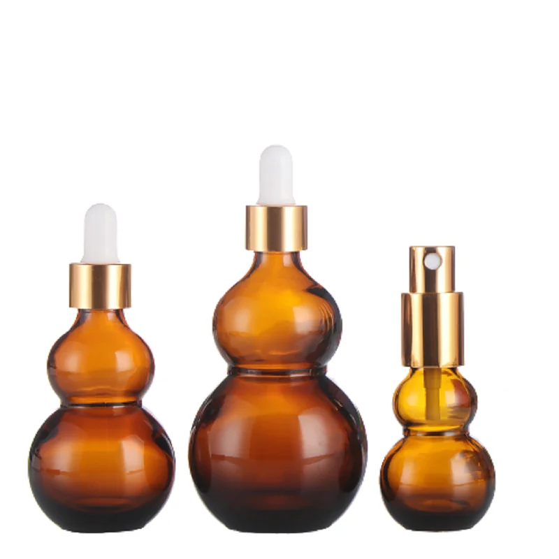 Empty 20/30/50/100ML Glass Mist Spray Bottle Gourd Shaped Amber Oil Dropper Bottle Refillable Emulsion Lotion Pump Bottle 10pcs