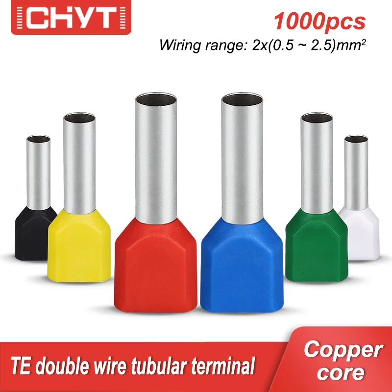 1000pcs/Pack TE0508 TE7508 TE1008 TE1508 TE2508 TE6014 Insulated Copper Cord Double Wire Connector Tube Type Tubular Terminal