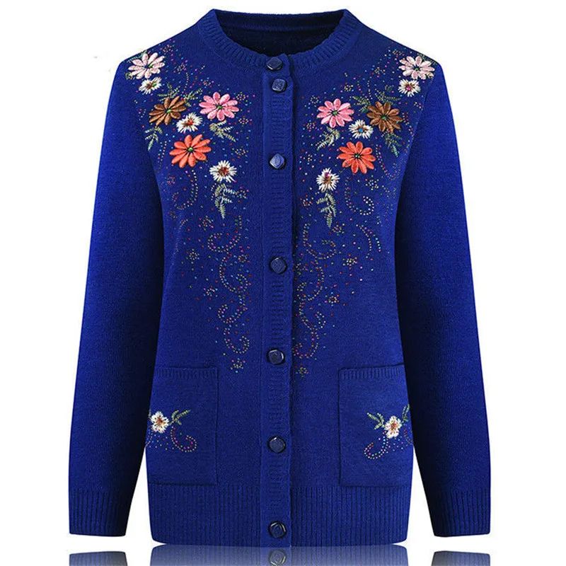 

Middle-aged and elderly women's Embroidery Knit Cardigan Jacket Single-breasted Slim Sweater Coat Thin Grandma Spring Clothing