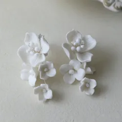 Ins Porcelain Flower Wedding Earrings Bridal Jewelry Gold Silver Color Handmade Women Drop Earring