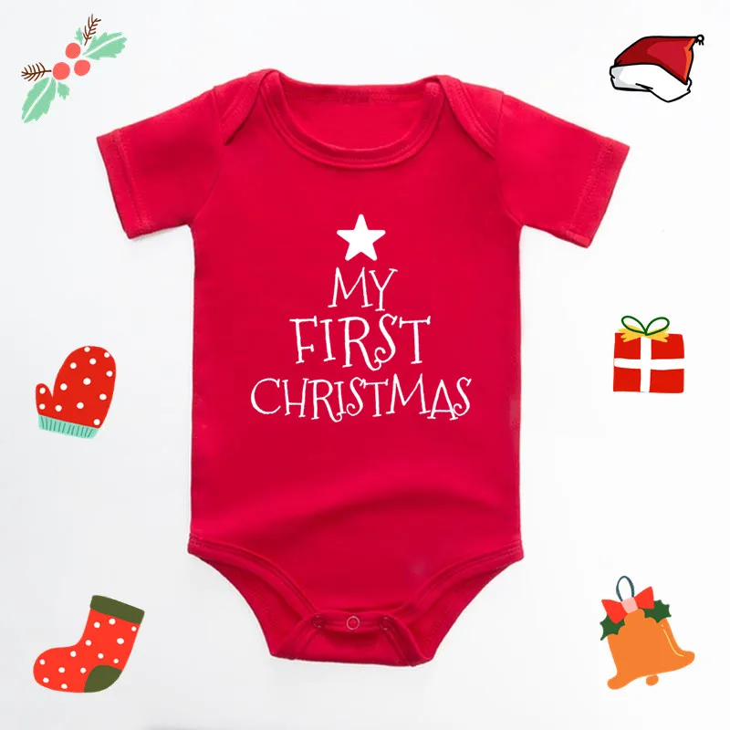 It\'s My First Christmas Reindeer Print New Year\'s Baby Clothes Red Bodysuit Cotton Christmas Romper Cute Infant Jumpsuit