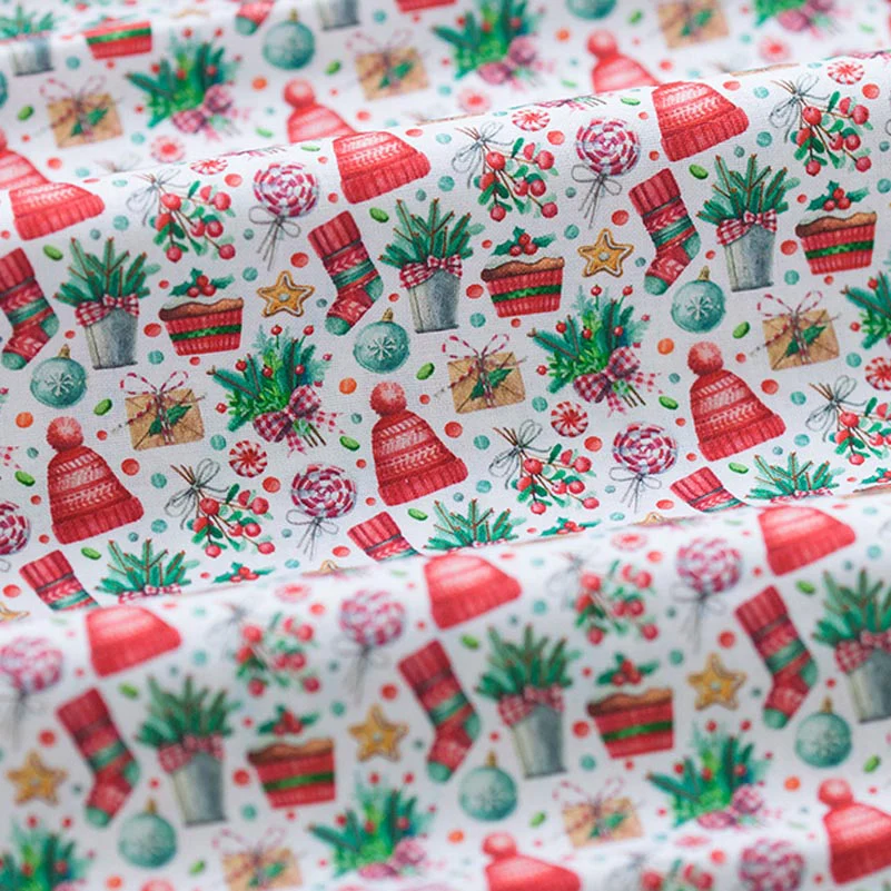 Christmas Decoration Fabric Printing Cartoon Santa Claus Elk Sleigh DIY Handmade Xmas Cloth By Half Meter
