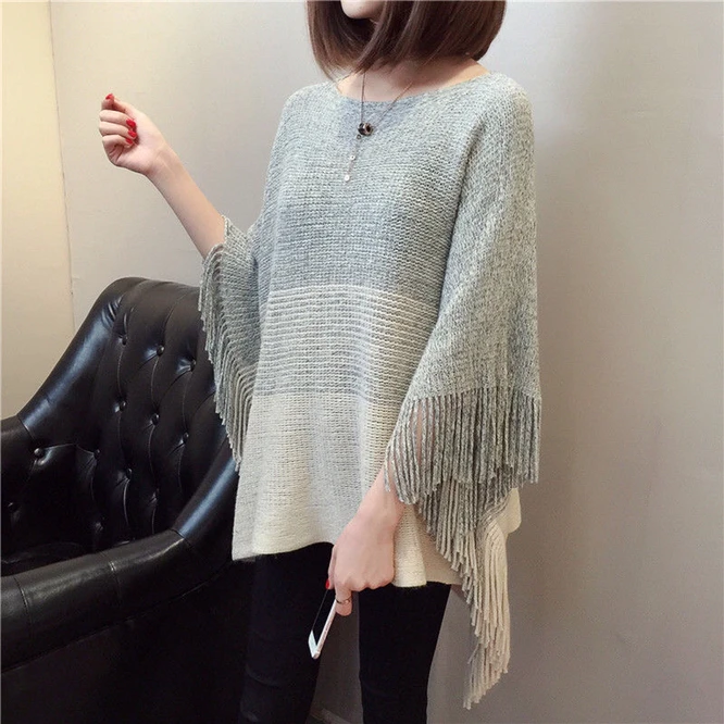 

Spring Autumn New Women's Shawl Tassel Large Knitted Cloak Blouse Air Conditioning Blouse Pullover Cloak Gray