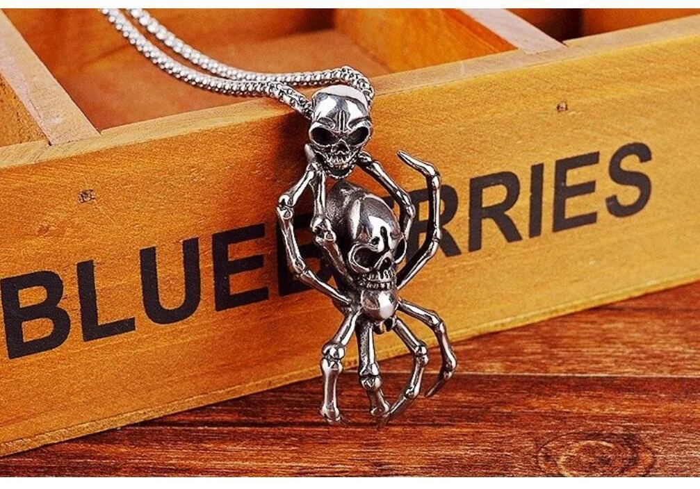 Vintage Punk Spider Charm Skull Pendant Double Skull Necklaces