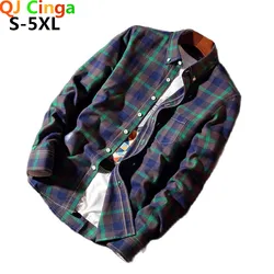 Autumn Men's Green Striped Checked Shirt Slim Version of Male Brand Long Sleeve Cotton Shirts Large Size S-4XL 5XL