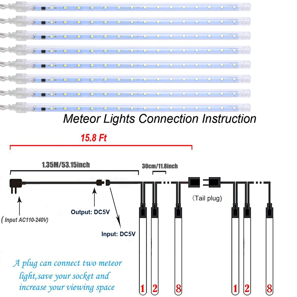 LED 유성우 비 조명 휴일 문자열 조명 방수 정원 빛 8 튜브 144 LED 크리스마스 조명 야외 장식