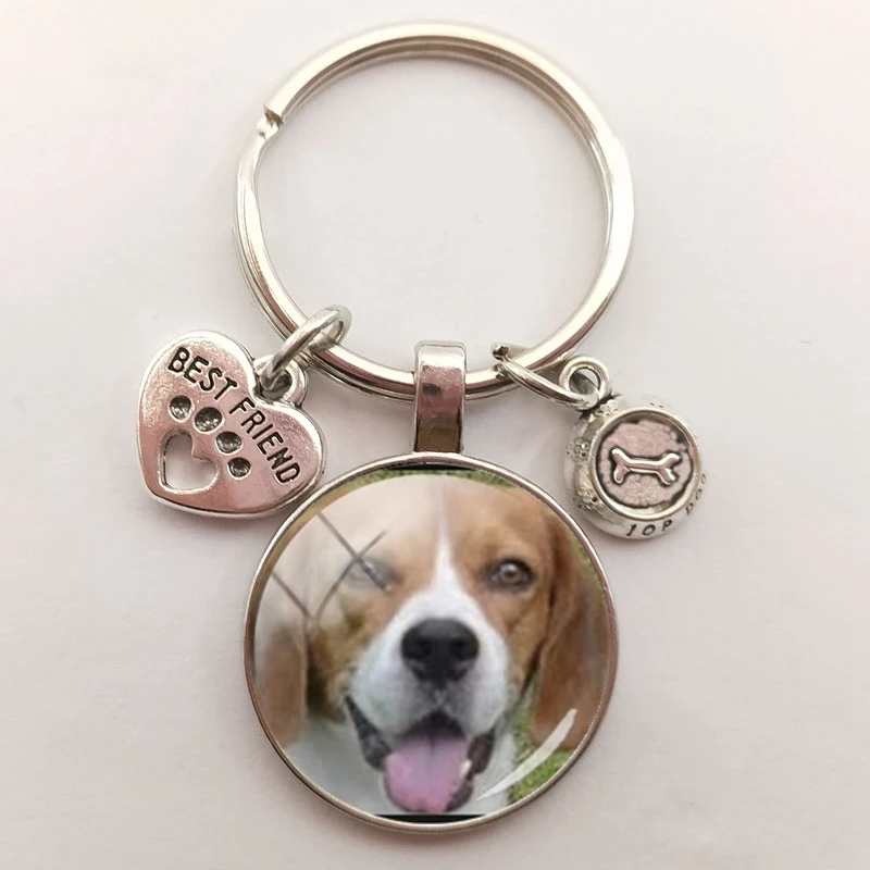 Fluffy Dog glass cabochon keychain Smart patient and kid-friendly French bulldog key chain men women jewelry gift