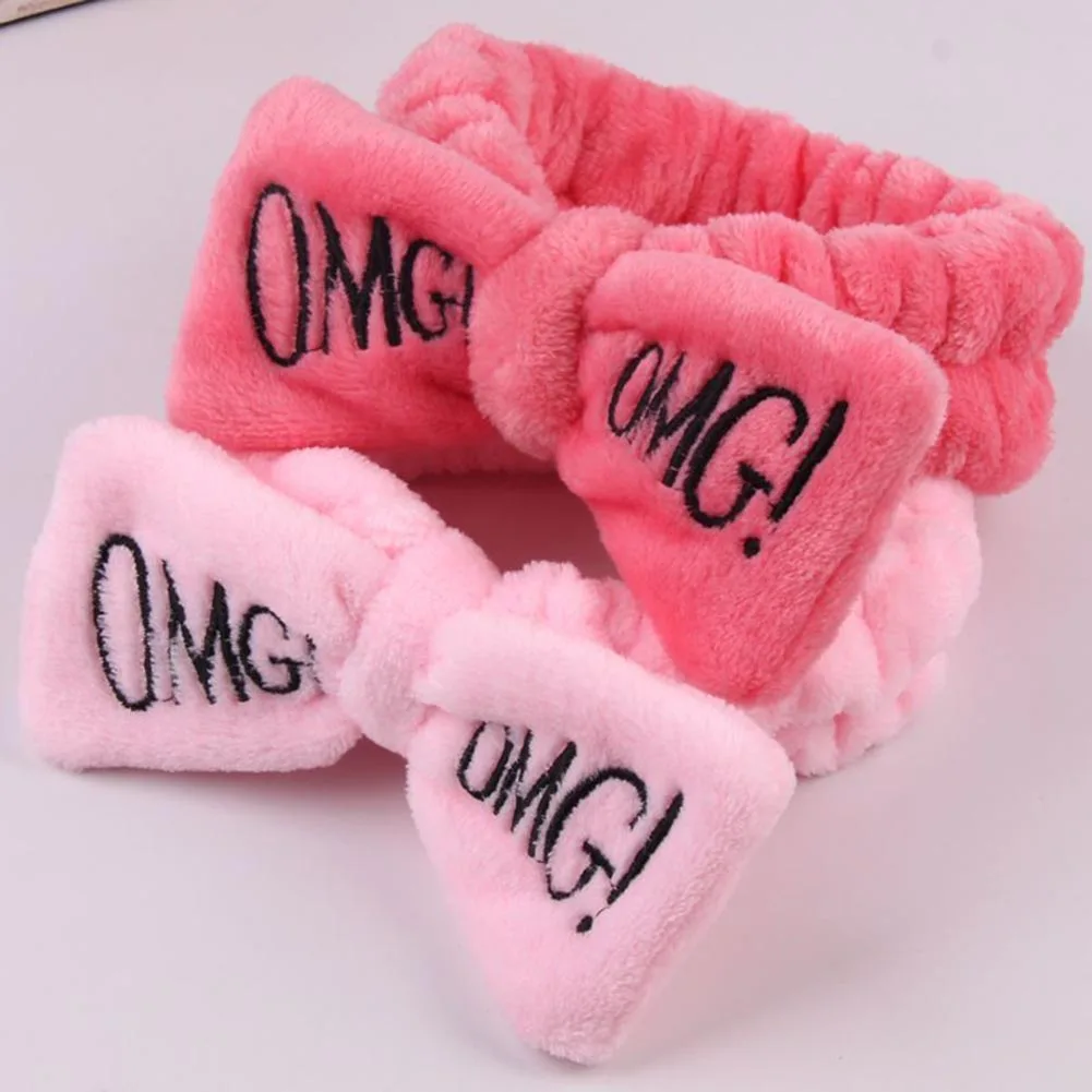 Women Headband OMG Letter Coral Fleece Hairband Wash Face Bow Hairband Women Girl Elastic Soft Turban Headwear Hair Accessories