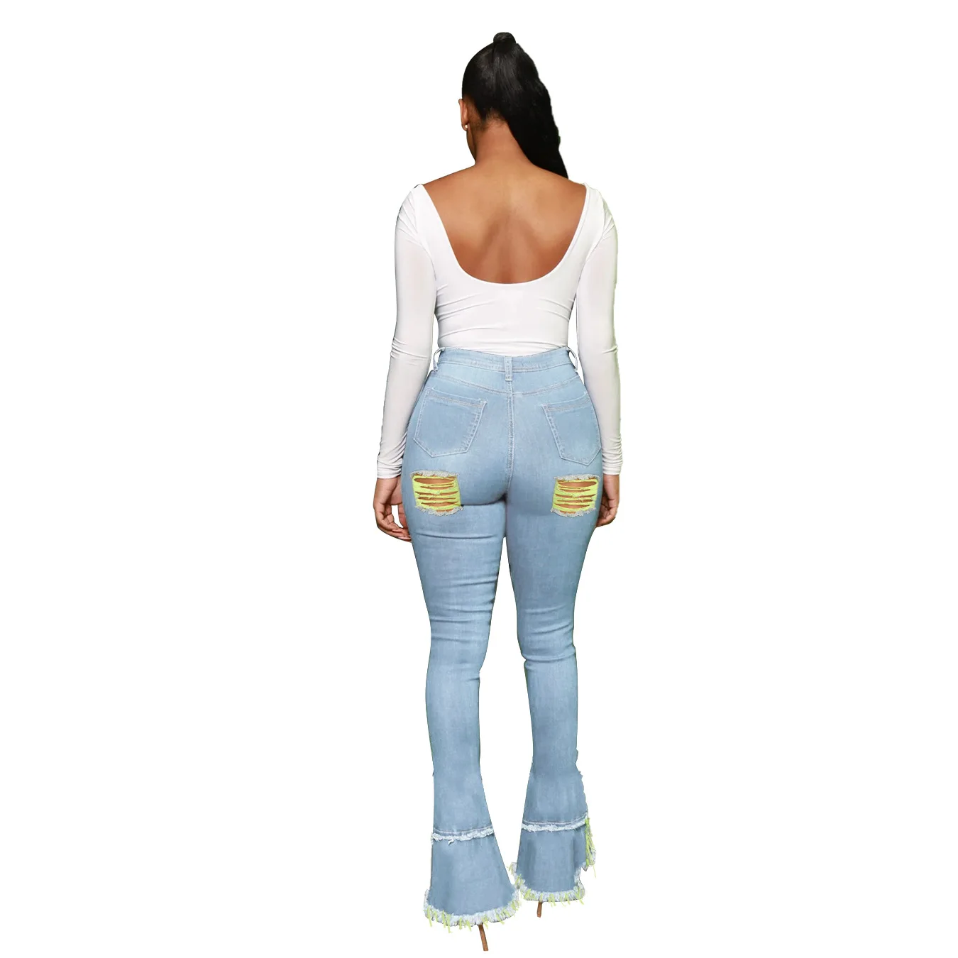 Sexy Hollow Out Big Ripped Jeans Women Fashion Butterfly Embroidery High Waist Bell Bottom Jeans Woman Skinny Tassel Flare Pants