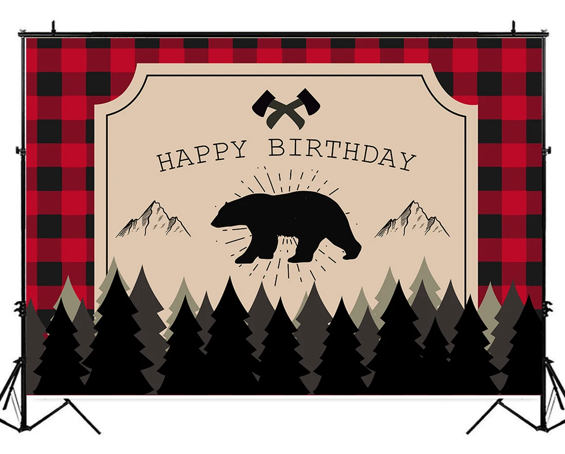 Lumberjack 1st วันเกิดเด็กสีแดงสีดำ Buffalo ลายสก๊อต Camping ผจญภัย Tribal Party Table Decor แบนเนอร์พื้นหลัง