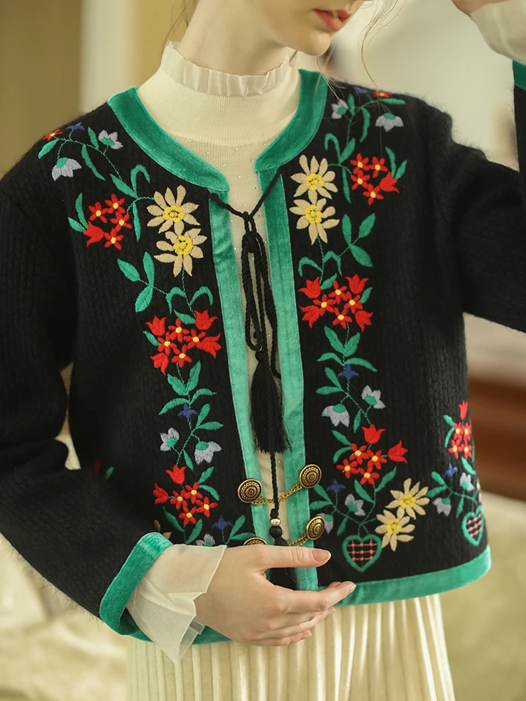 Women Jackets Fall Winter Vintage Handmade Embroidery Flower Tassel Short Jackets Elegant Slim Black Knitted Wool Cardigan Coats