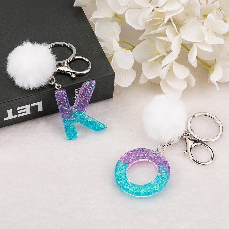 

1PC Pompom English Letter Keyring Purple Blue Color Resin Keychain with Puffer Ball 26 Words Handbag Charms