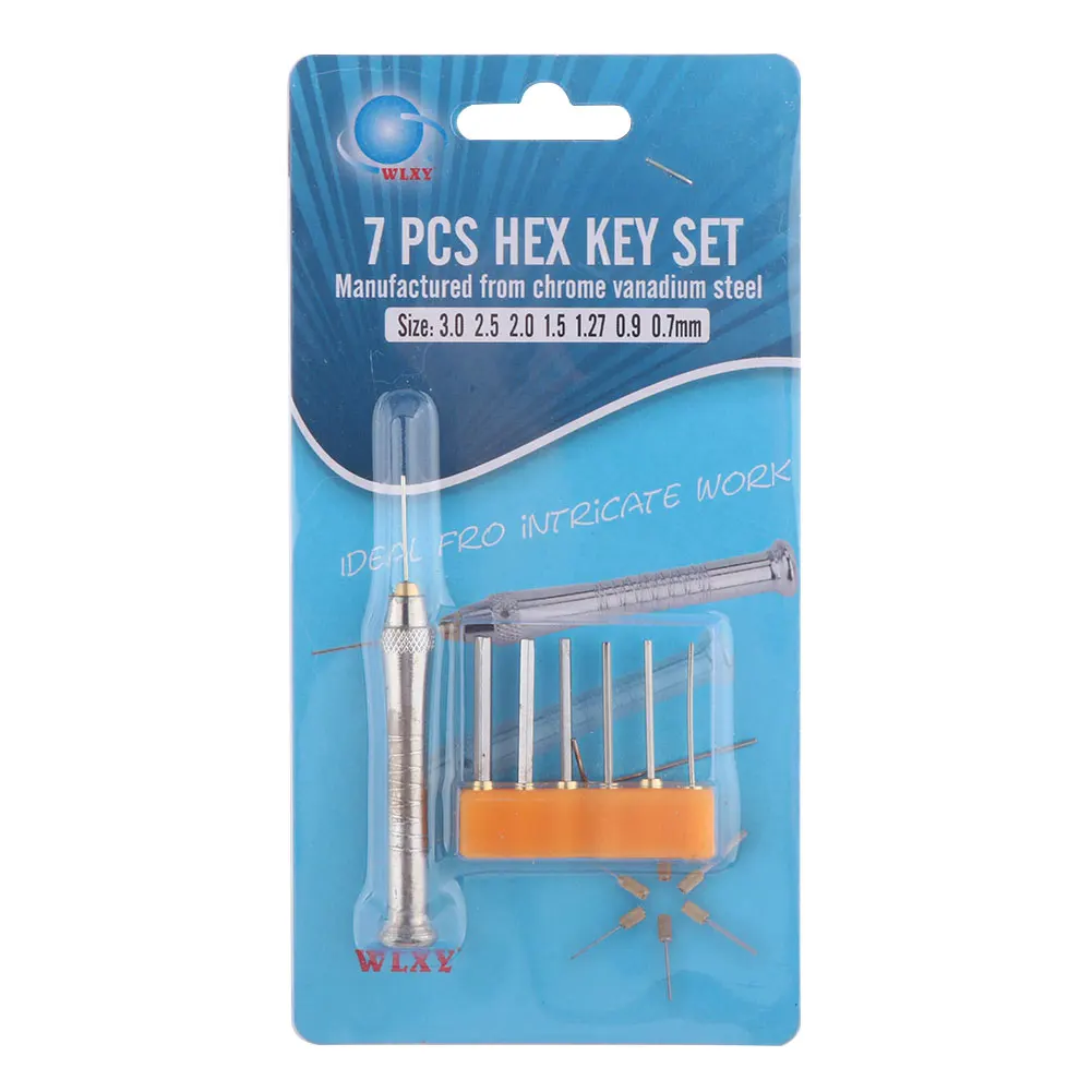 7 in 1 Small Metric Hex Key Wrench Set with Handle, Hexagon Key Screwdriver Bits, 0.7mm 0.9mm 1.27mm 1.5mm 2.0mm 2.5mm 3.0mm