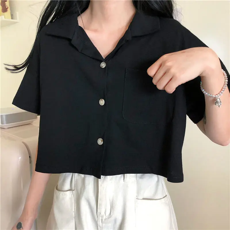 Top corto con bolsillo para mujer, Camisa lisa de estilo coreano, suelta, ajustada, transpirable, combina con todo, moda de estudiantes, Preppy Chic, nuevo diseño de verano