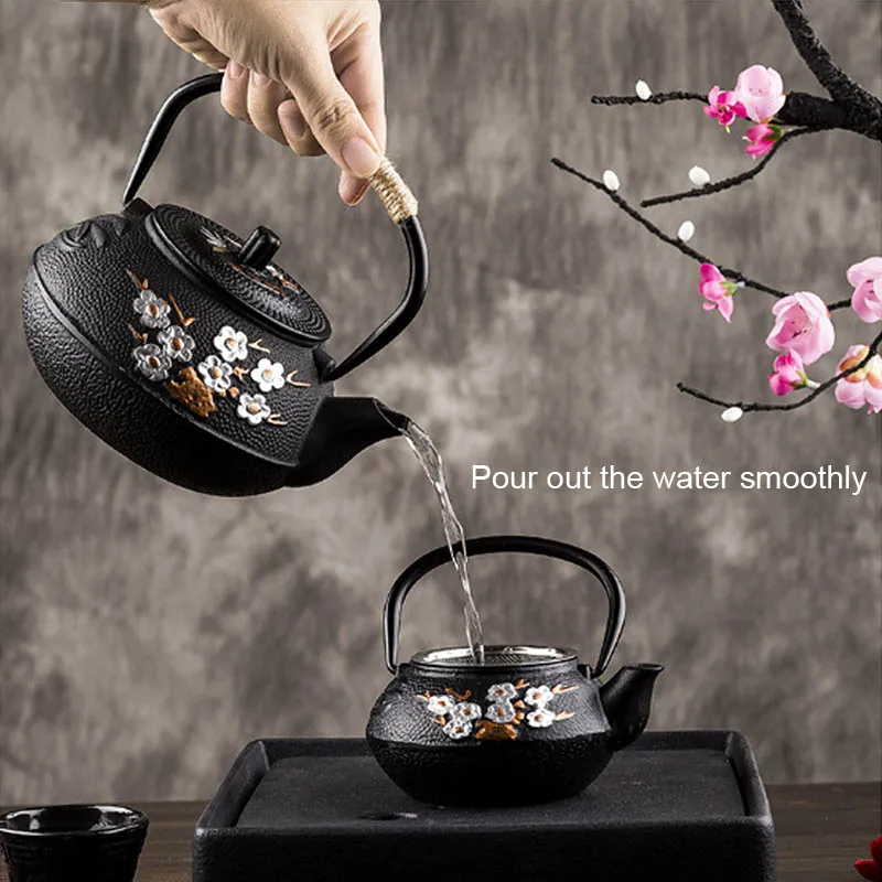 YMEEI 800ML Japanese Cast Iron Teapot With Stainless Steel Infuser Strainer Plum Blossom Cast Iron Tea Kettle For Boiling Water