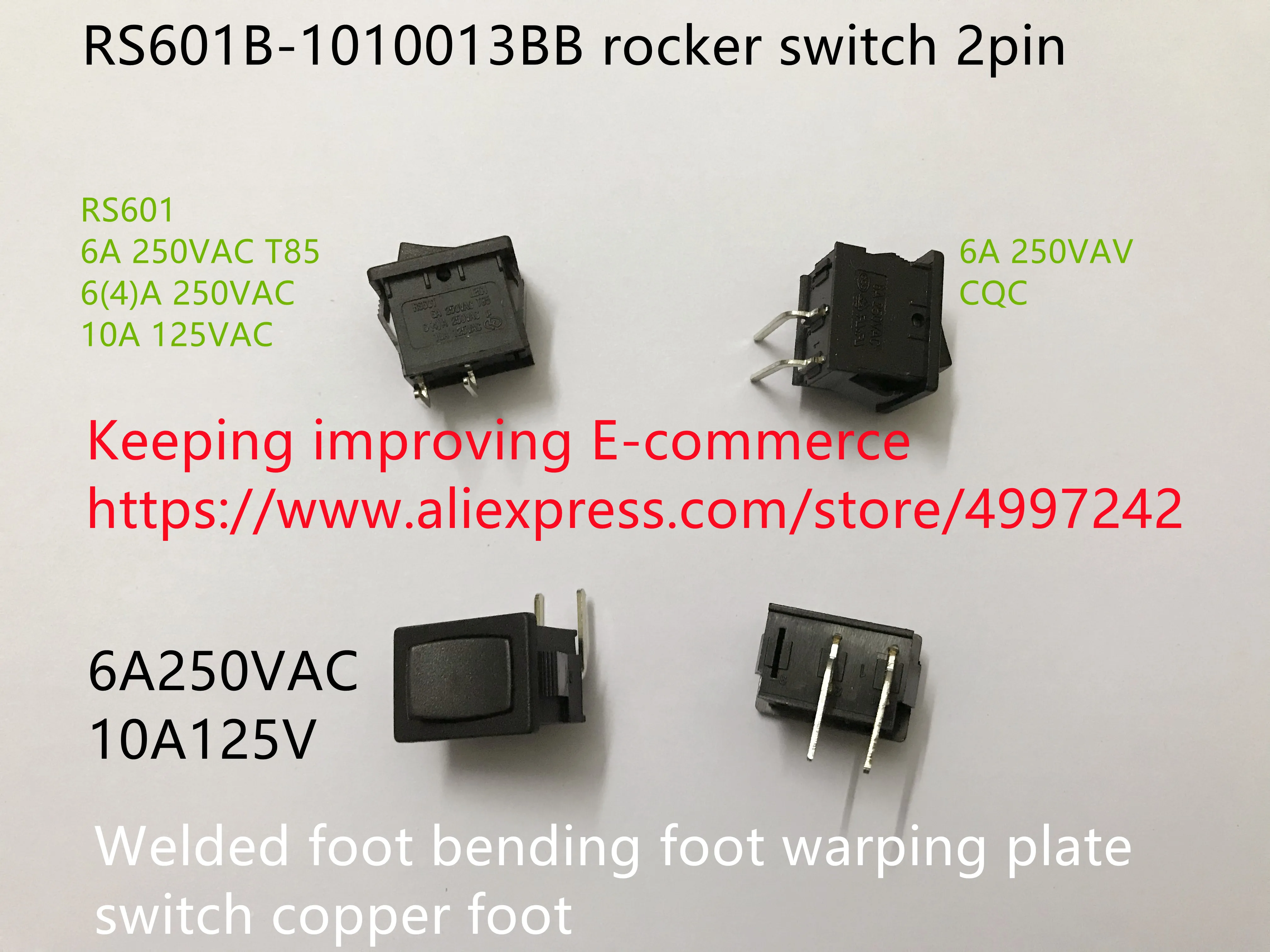 Original new 100% RS601B-1010013BB rocker switch 2pin welded foot bending foot warping plate switch copper foot 6A250VAC 10A125V