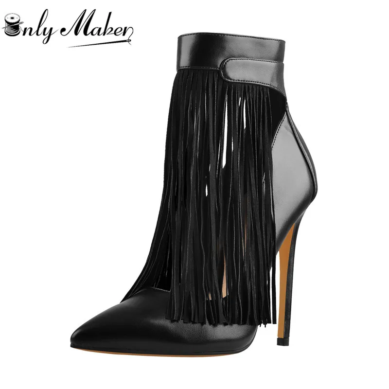 

Onlymaker Women Fringe Pointed Toe Stiletto 12CM Heel Pumps Black Ankle Strap Back Zipper Shoes Big Size Heels