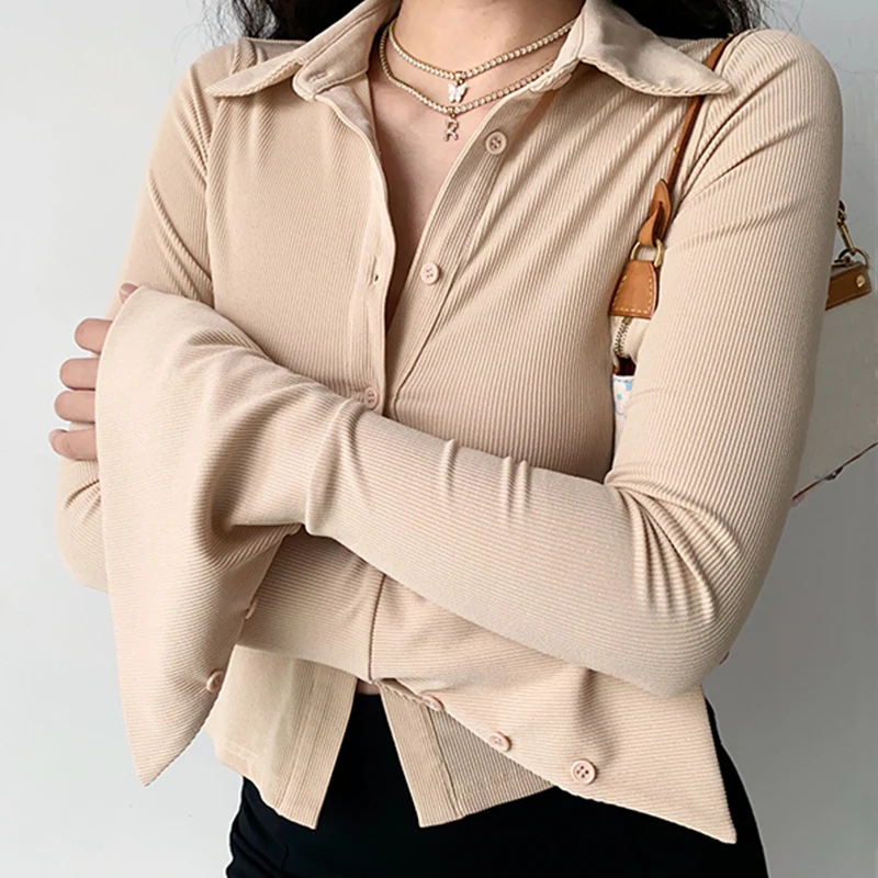 Blouses Polo Revers Single-Breasted Uitlopende Kraag Effen Mouw Vijf-Kleur Vrouwen Slanke Lange Mouwen casual Streetwear Top