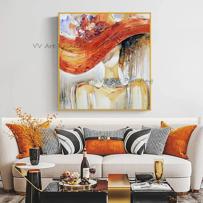 

The Handmade Figure Oil Painting Big Vintage Abstract Canvas Painting Mural Picture for Living Room Cuadros Decor Woman Wear Hat