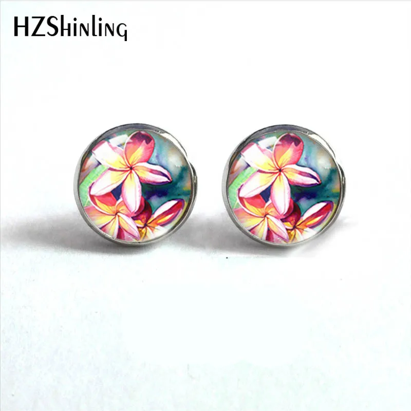 Hawaiian Plumeria Flower Paintings Stainless Steel Stud Earrings Glass Cabochon Ear Fashion Jewelry