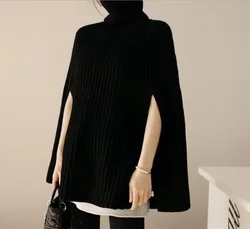 Fall poncho turtle neck knitted sweaters womens cloak pullover high neck solid basic loose casual black jumper sweater 4 colors