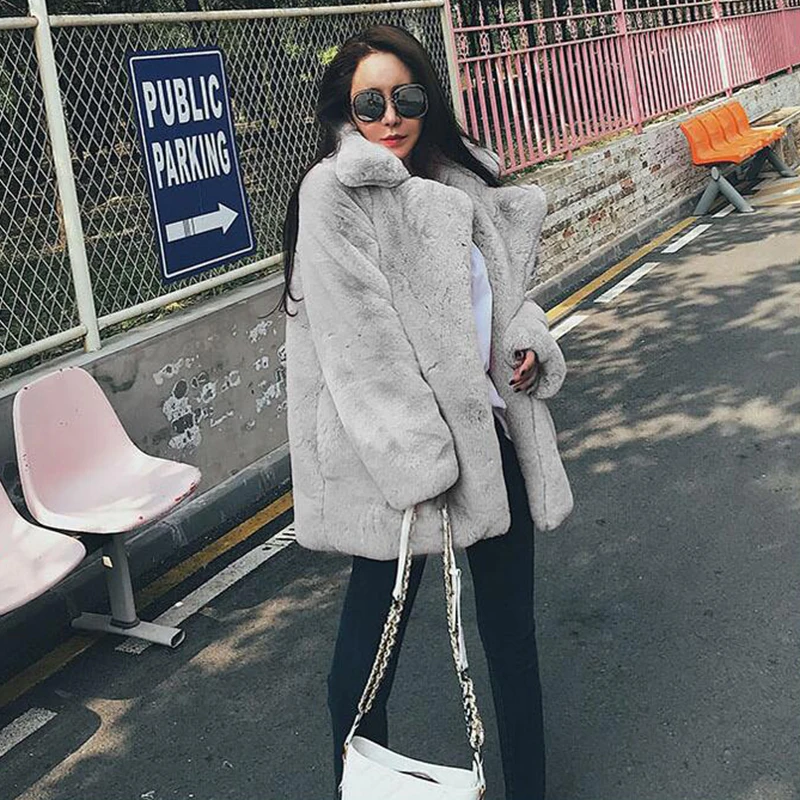 Winter High Quality Faux Fur Coat Thickened Warm Large Lapel Casual Plush Coat Faux Fur Mid-Length Solid Color Soft Coat Women