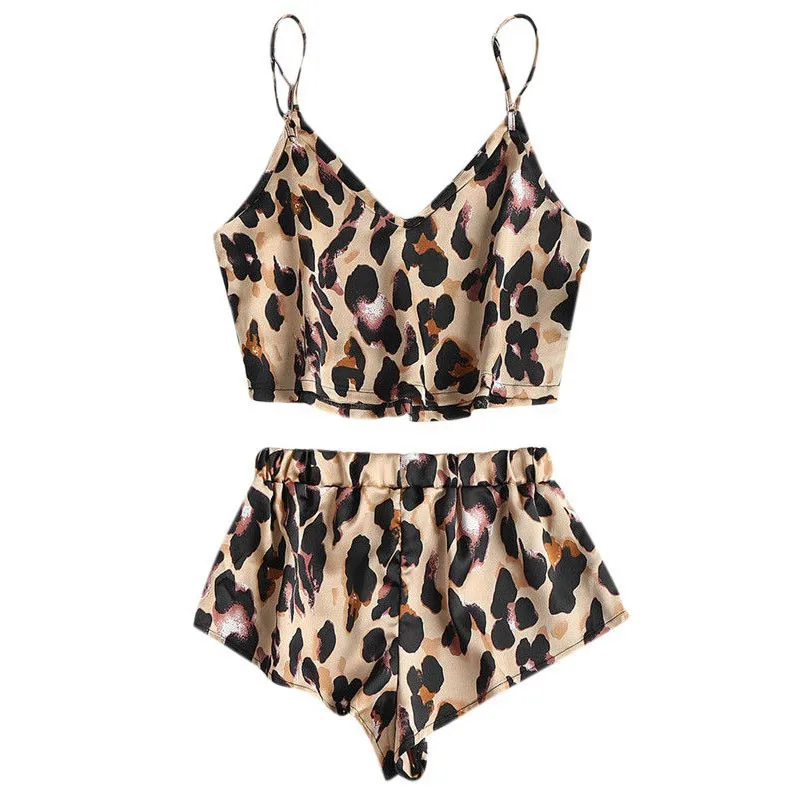 Women Leopard Print Silk Pajama Sexy Satin Lingerie Lace Shorts Set Underwear Sleepwear Femme Babydoll Nightwear Pajamas Set