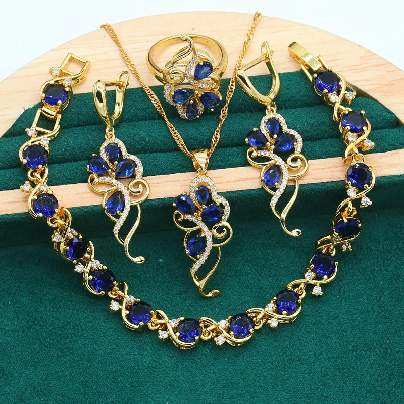 Distinctive Royal Blue Zircon Gold Color Jewelry Sets for Women Wedding Bracelet Earrings Necklace Pendant Ring Holiday Gift