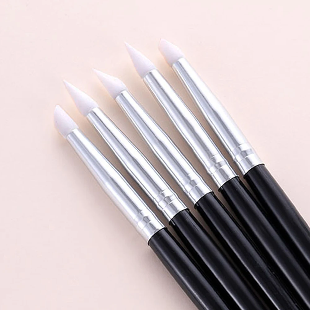 5Pcs Black Rod Silicone Pen For Painting Wooden Handle Nail Art Manicure Pencil Nail Art Brush Accessories for Nail DIY Tools