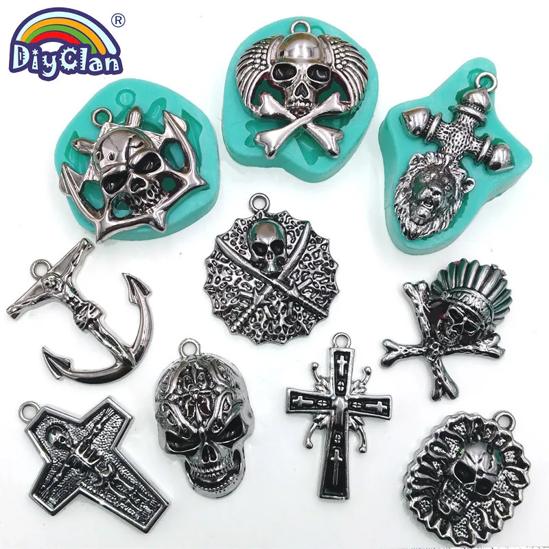 Skull Head Cross Pendant Silicone Mold For Hip Hop Punk Necklace Resin Halloween Chocolate Fondant Cake Decoration Tools Matic