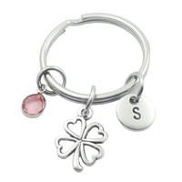 Four Leaf Clover Initial Letter Monogram Birthstone Keychains Keyring Creative Fashion Jewelry Women Gifts Accessories Pendant