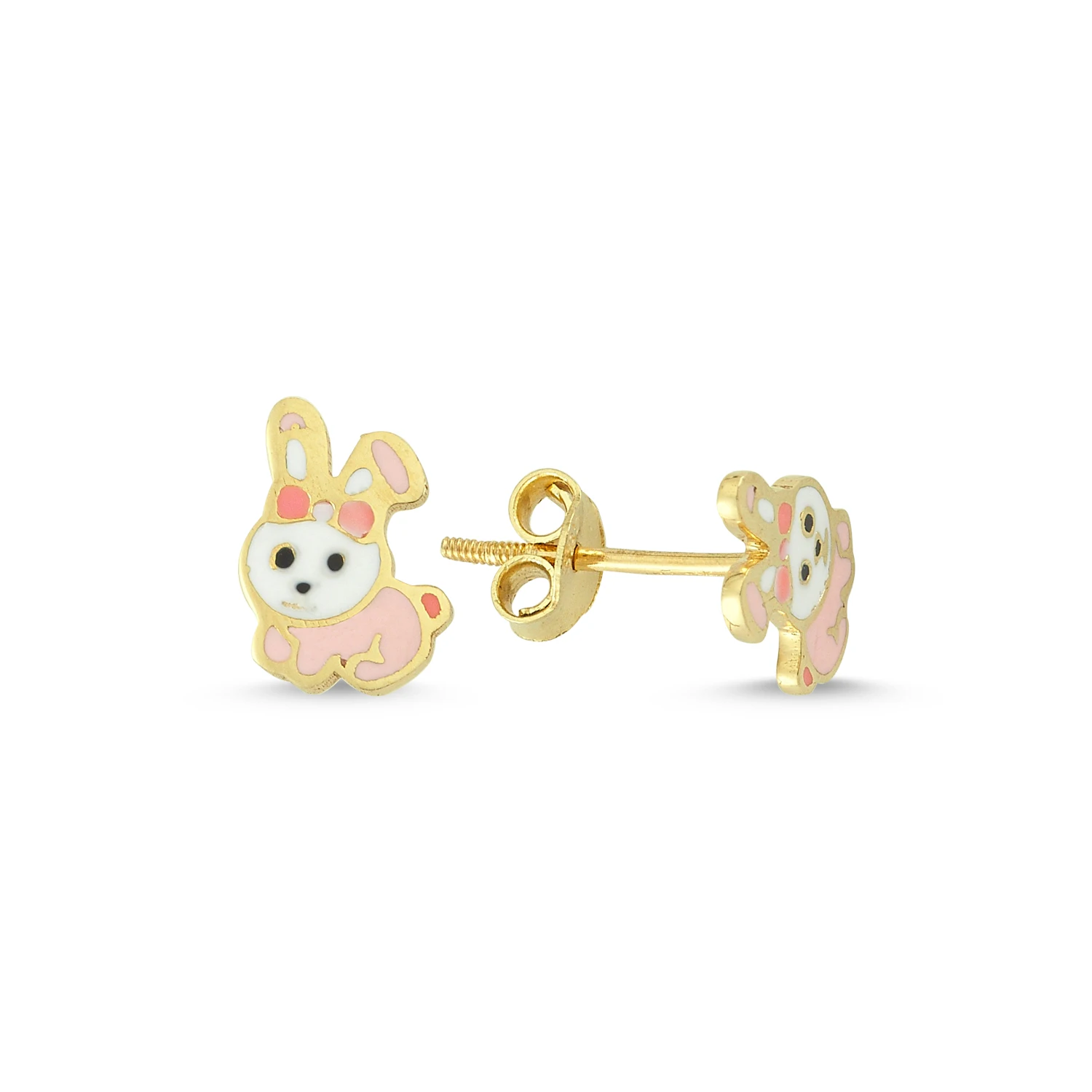 14K Real Gold Enamel Rabbit Baby, Children and Girls Stud Earrings