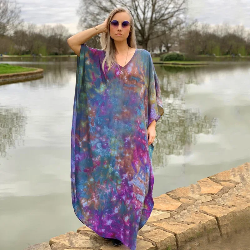 Starry Sky Tie Dye Women Dress Long Kaftan Crafted Fancy Luxe Caftan Rayon Floaty Loungewear Dashiki Loose Smock Dress Summer