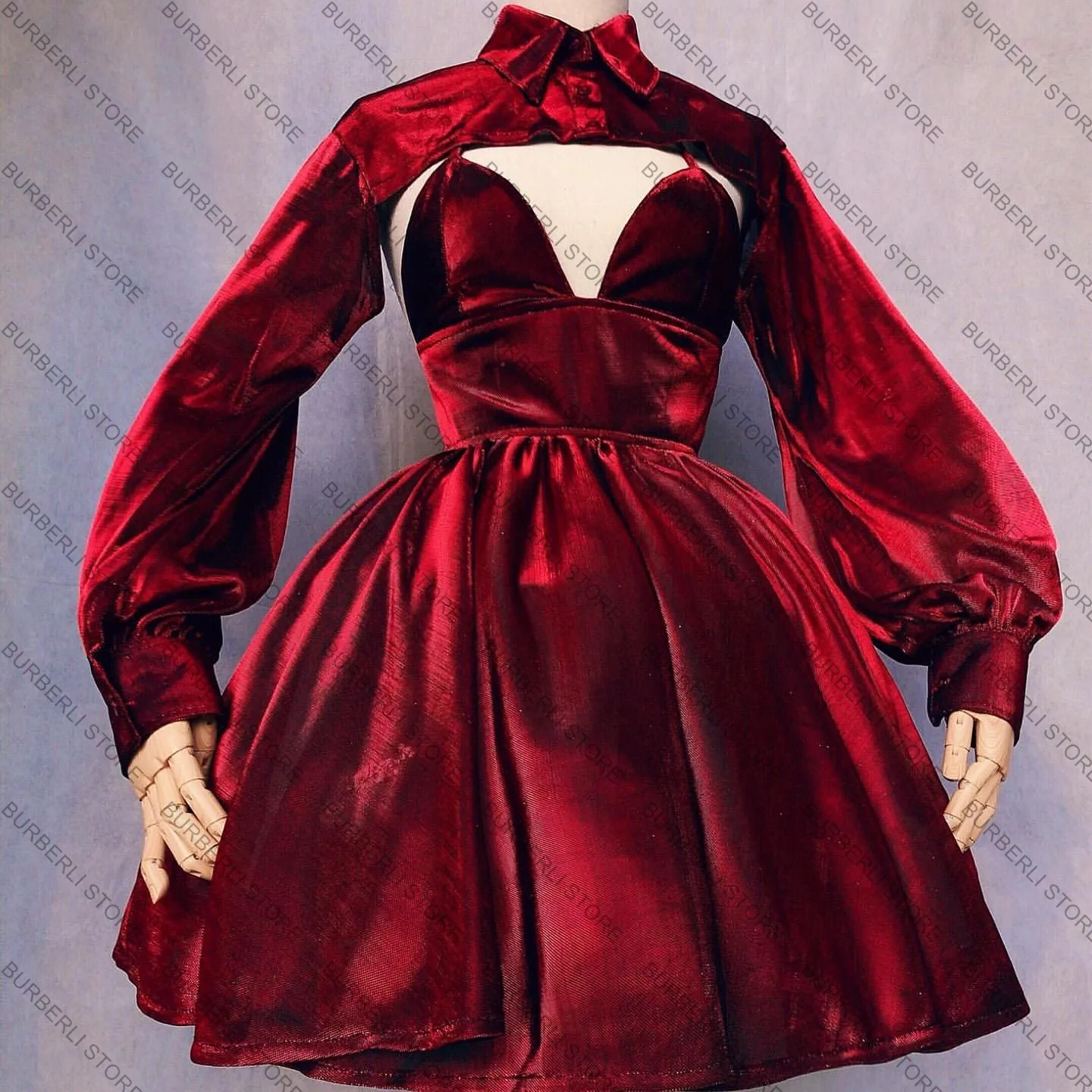 Cute Burgundy Velour Mini Women Summer Dresses High Neck Full Sleeves Short Prom Gowns To Cocktail Party Custom Made