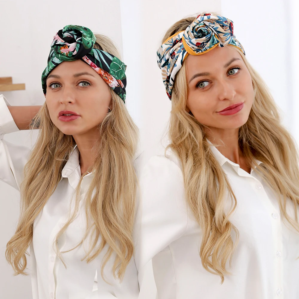 AWAYTR Twist Hairband Metal Scarf Wire Headband Boho Prints Ribbon Scrunchie Flower Bandana Turban Wrap Women Hair Accessories